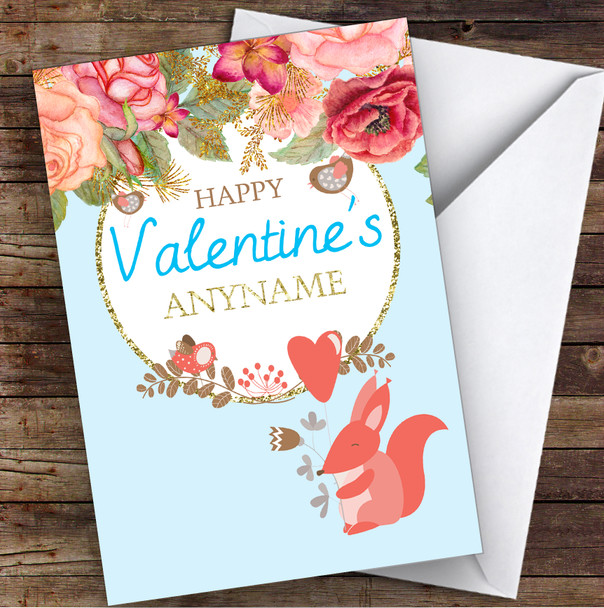 Blue Flowers & Squirrel Personalised Valentine's Day Card