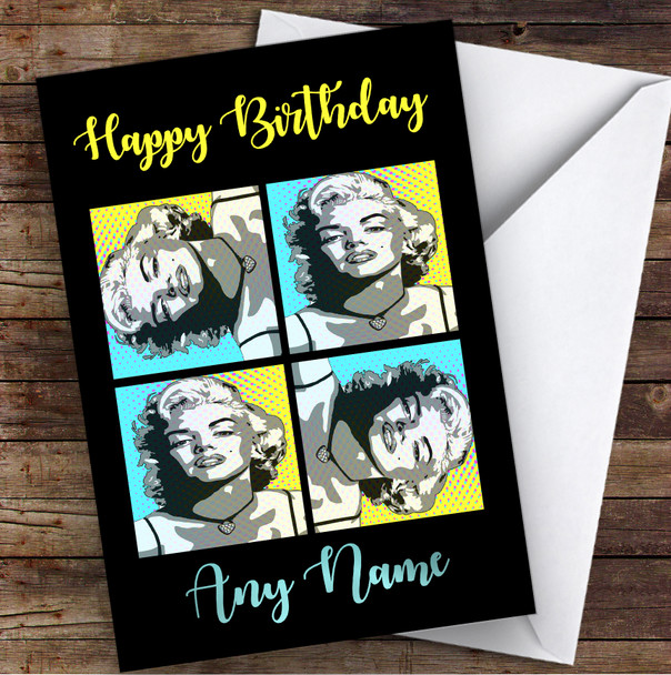 Marilyn Monroe Funky Pop Art Yellow Blue Celebrity Personalised Birthday Card