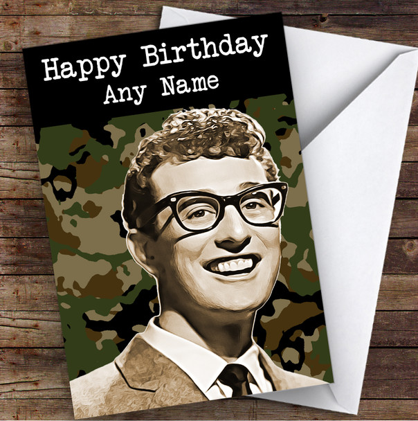 Buddy Holly Camo Celebrity Personalised Birthday Card