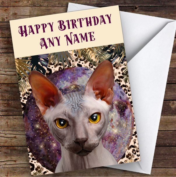 Gothic Mystic Sphynx Cat Purple Gold Personalised Birthday Card