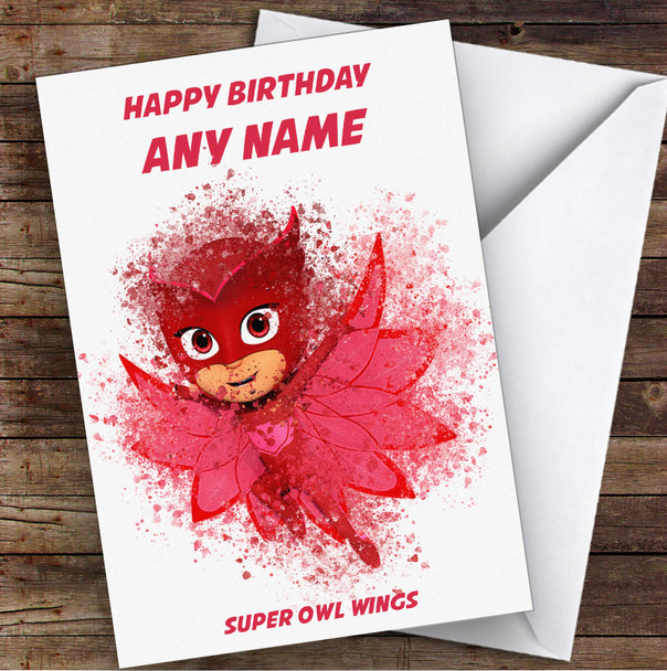 Pj Mask Owlette Watercolour Splatter Children's Kids Personalised Birthday Card