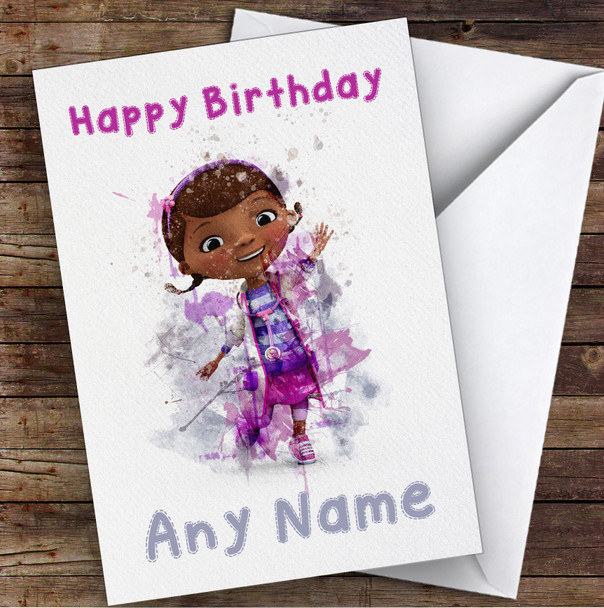 Watercolour Splatter Doc Mcstuffins Children's Kids Personalised Birthday Card