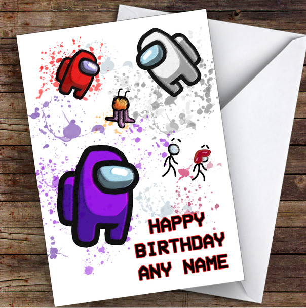 Among Us Purple Red White & Pets Splatter Art Children's Kids Birthday Card