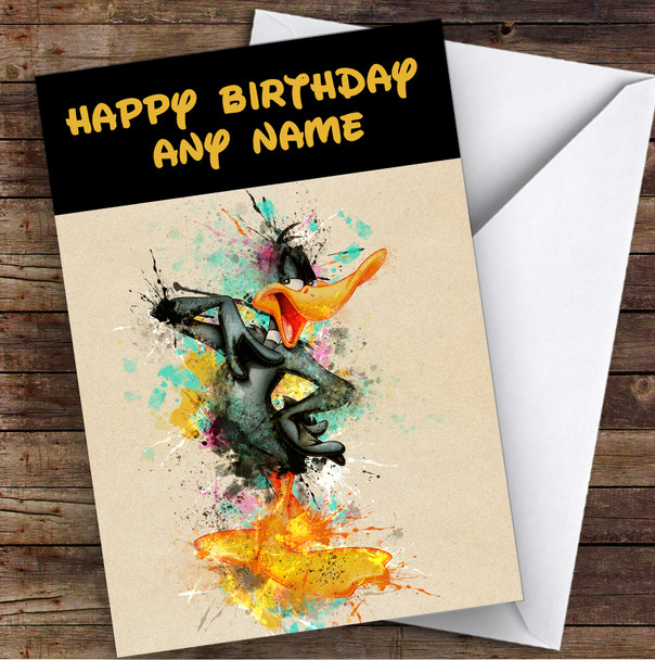 Daffy Duck Watercolour Splatter Children's Kids Personalised Birthday Card