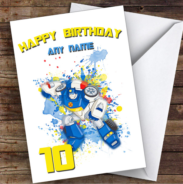 Rescue Bots Chase Splatter Art Children's Kids Personalised Birthday Card