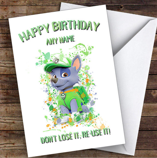 Paw Patrol Rocky Splatter Art Children's Kids Personalised Birthday Card