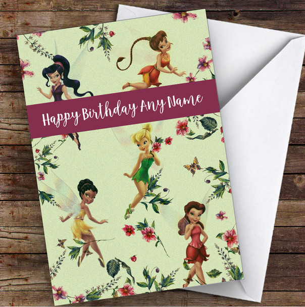 Tinker Bell And Fairies Green Children's Kids Personalised Birthday Card