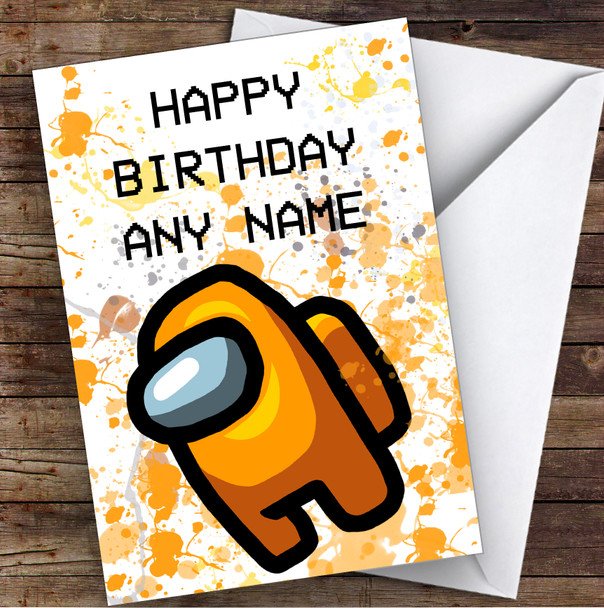 Among Us Orange Splatter Art Children's Kids Personalised Birthday Card