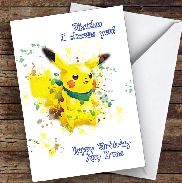 Pikachu Pokémon Splatter Art Children's Kids Personalised Birthday Card