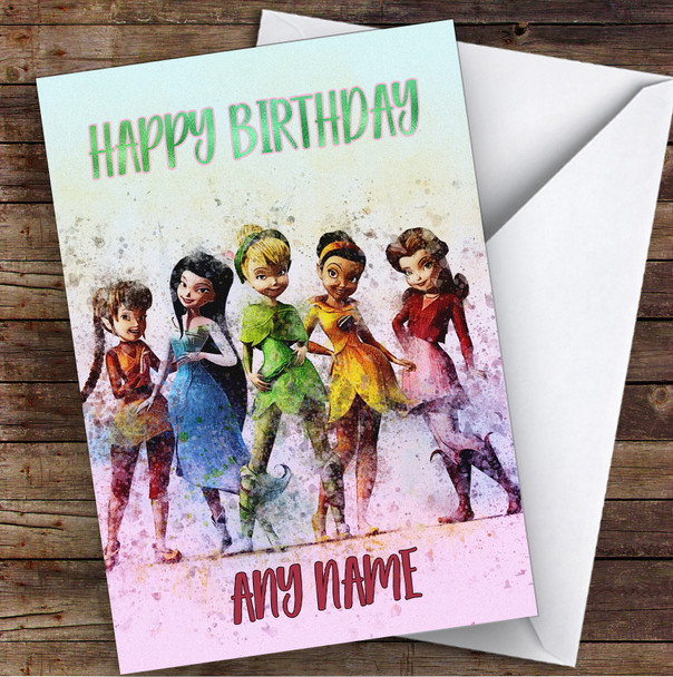 Tinker Bell And Fairies Pink Children's Kids Personalised Birthday Card