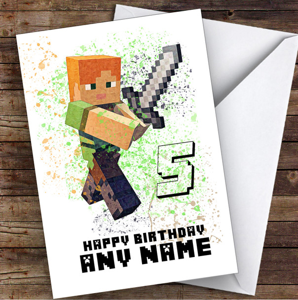 Minecraft Alex Splatter Art Children's Kids Personalised Birthday Card
