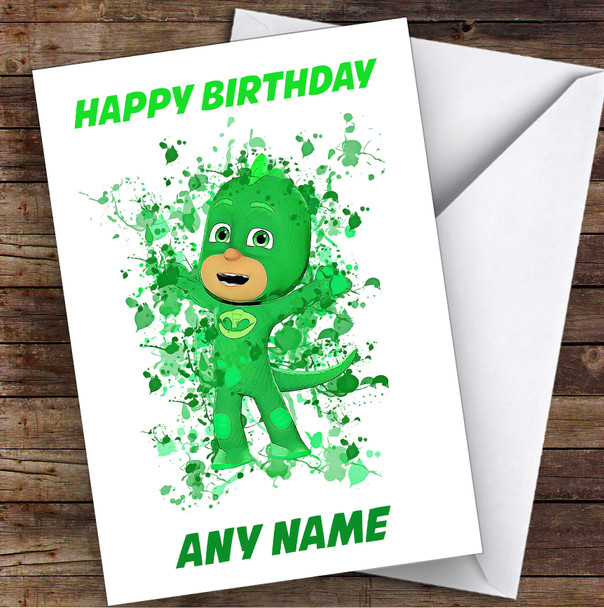Pj Masks Gekko Splatter Art Children's Kids Personalised Birthday Card