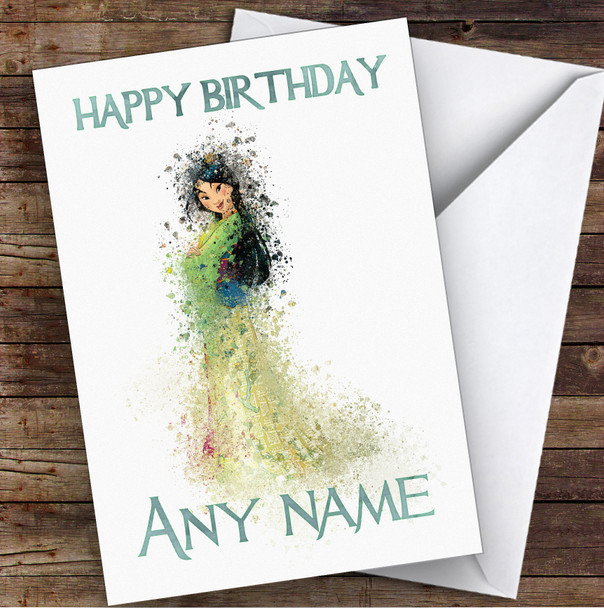 Mulan Watercolour Splatter Children's Kids Personalised Birthday Card