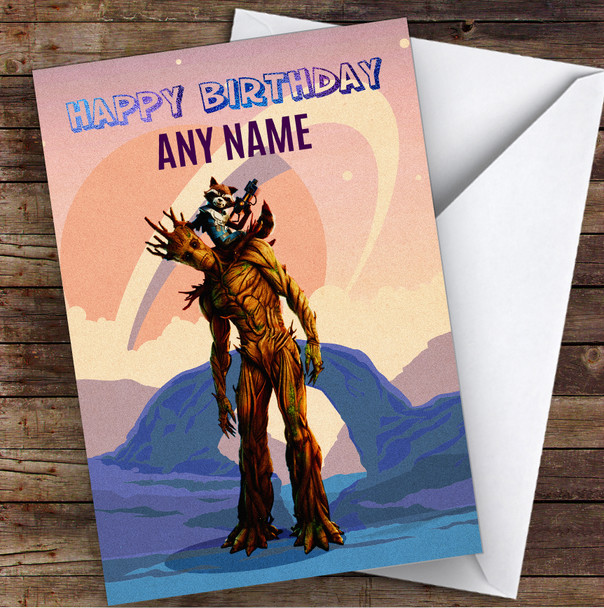 Groot Rocket Raccoon Blue Children's Kids Personalised Birthday Card