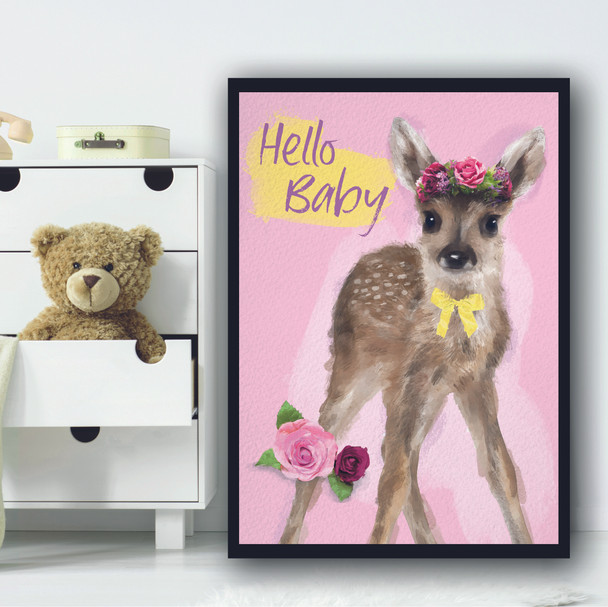 Deer Hello Baby Light Pink Floral Wall Art Print