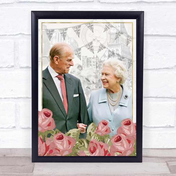 The Queen & Prince Philip Black & White Vintage Roses Wall Art Print