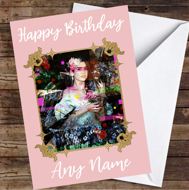 Dua Lipa Iconic Gold Frame Abstract Floral Personalised Birthday Card