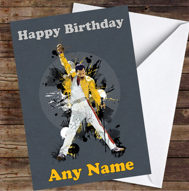 Freddie Mercury Dark Grey Circle Splatter Personalised Birthday Card