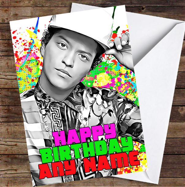 Bruno Mars Black & White Neon Pop Art Personalised Birthday Card