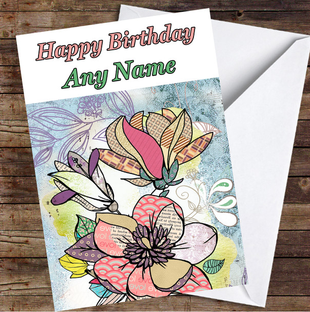 Abstract Vintage Flowers Magnolias Colourful Leaves Personalised Birthday Card