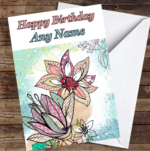 Abstract Vintage Flowers Sea Blue Colourful Leaves Personalised Birthday Card