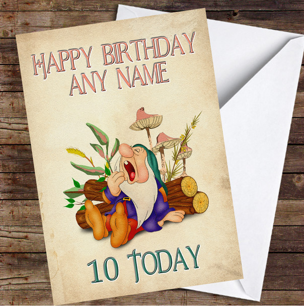 Sleepy Dwarf Snow White Vintage Tree Logs Mushrooms Personalised Birthday Card