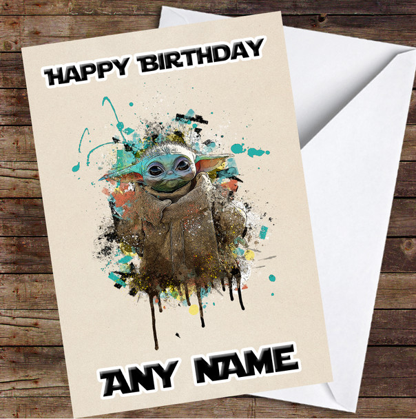 Grogu Mandalorian Star Wars Watercolour Splatter Drip Personalised Birthday Card