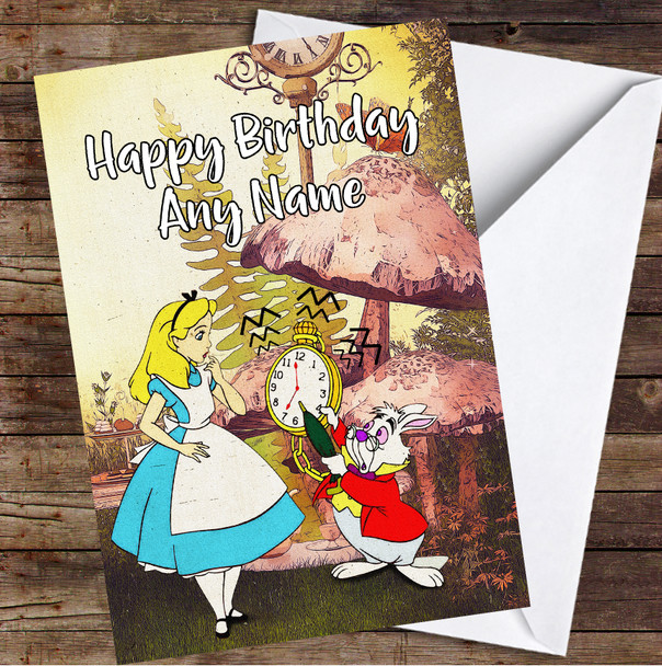 Alice In Wonderland White Rabbit Vintage Mushroom Personalised Birthday Card