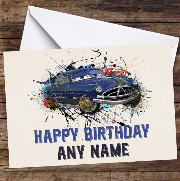 Cars Doc Hudson Watercolour Splatter Personalised Birthday Card