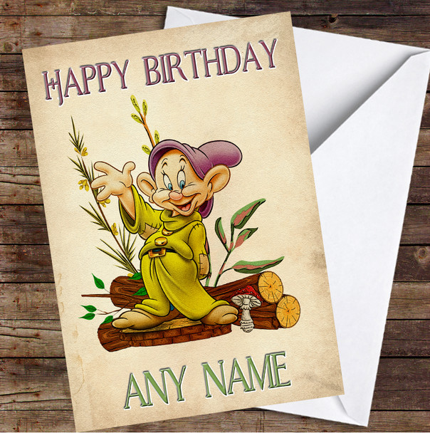 Dopey Tree Logs Mushroom Vintage Personalised Birthday Card
