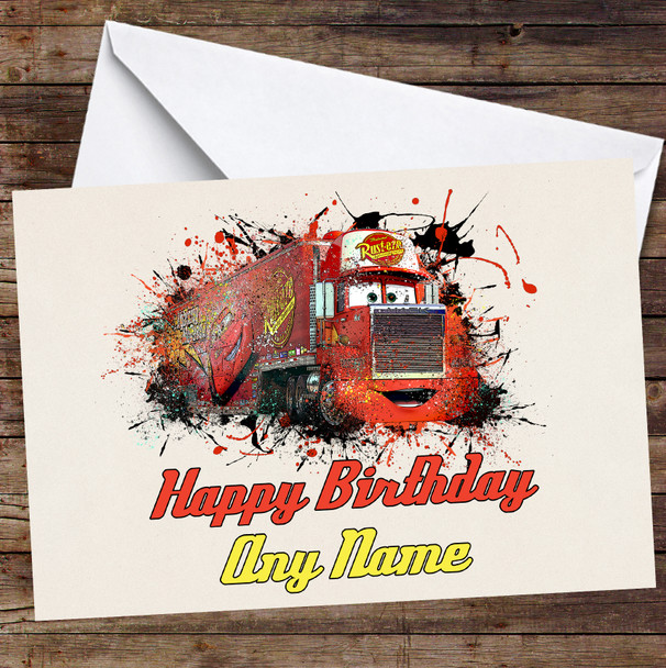 Cars Mack Watercolour Splatter Personalised Birthday Card