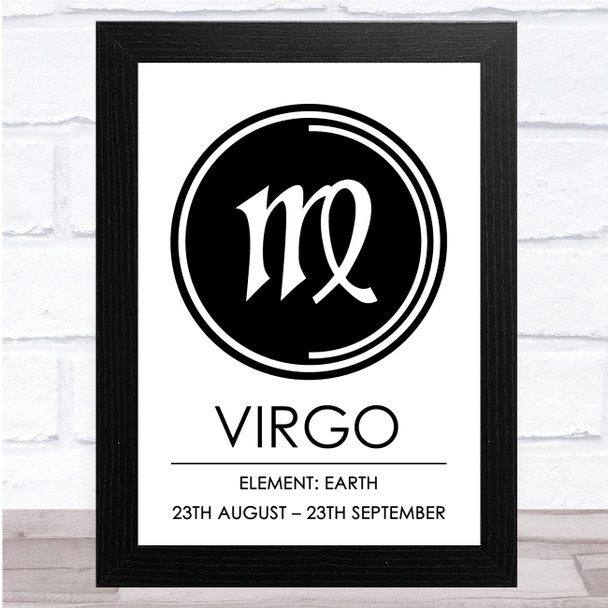 Zodiac Star Sign White & Black Symbol Virgo Wall Art Print