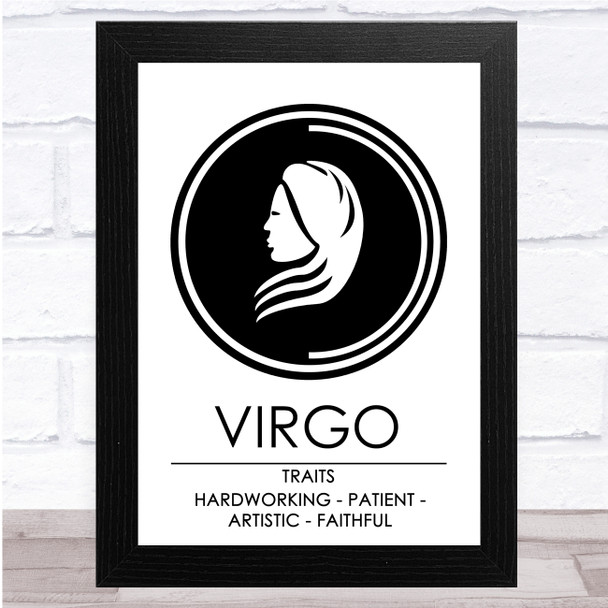 Zodiac Star Sign White & Black Traits Virgo Wall Art Print