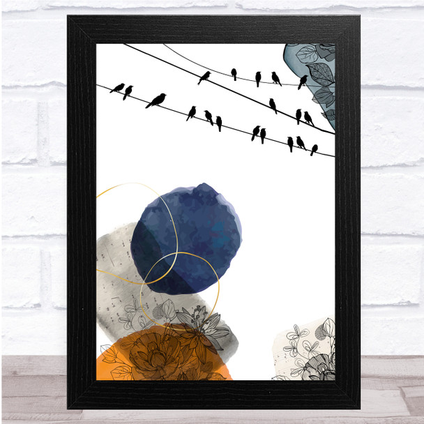 Birds On Wire Watercolour Navy And Orange Floral Wall Art Print