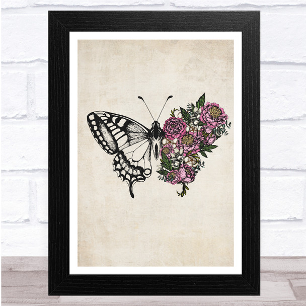 Vintage Butterfly With Flowers Grunge Wall Art Print