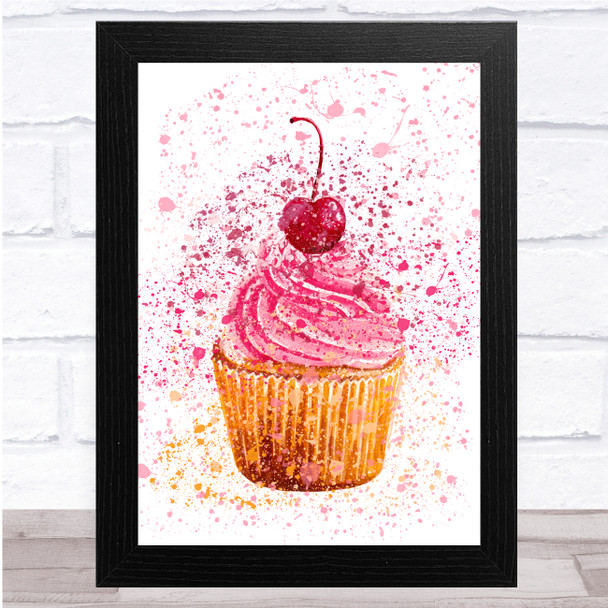 Watercolour Splatter Pink Cupcake With Cherry On Top Wall Art Print