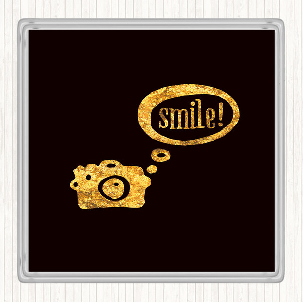 Black Gold Smile Camera Quote Coaster