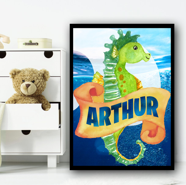 Water Colour Green Seahorse Any Name Personalised Wall Art Print