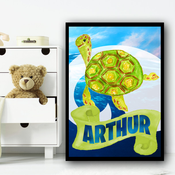 Water Colour Green Turtle Any Name Personalised Wall Art Print