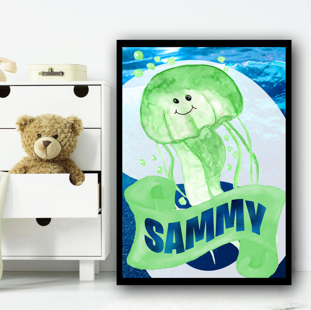 Watercolour Green Jellyfish Any Name Personalised Wall Art Print