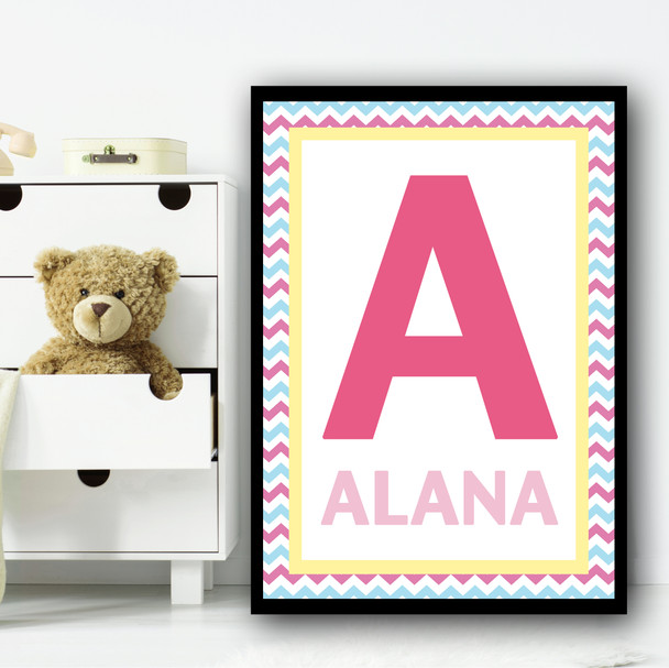 Any Initial Any Name Pink Zigzag Personalised Wall Art Print