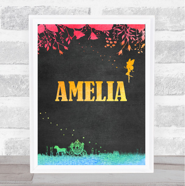 Fairy Horse And Carriage Chalk Rainbow Floral Personalised Wall Art Print