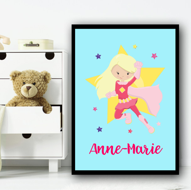 Girl Hero Blonde Hair Sky Blue Any Name Personalised Wall Art Print