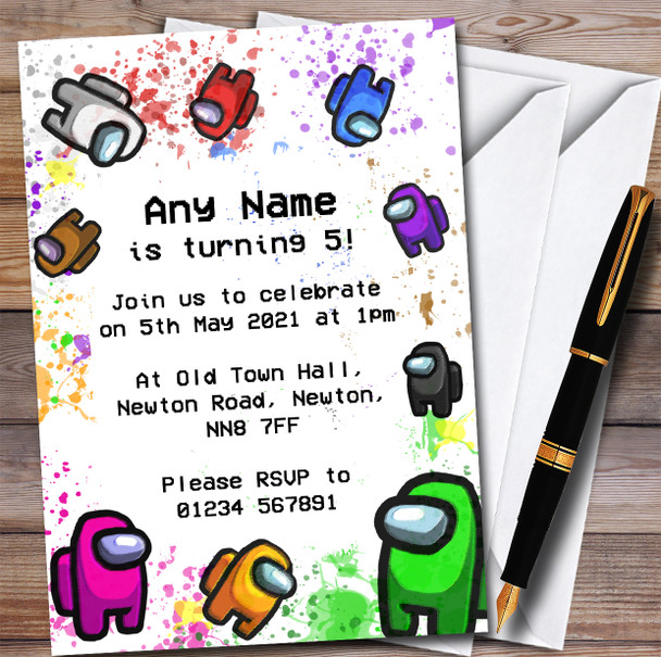 Among Us Characters & Pets In Space Splatter Art Birthday Party Invitations