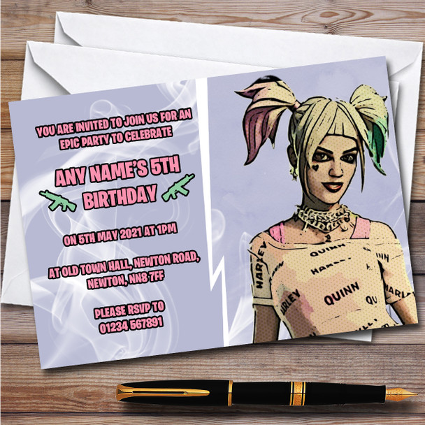 Harley Quinn Gaming Comic Style Fortnite Skin Birthday Party Invitations