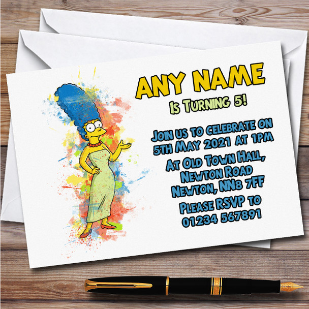 Marge Simpson Watercolour Splatter The Simpsons Birthday Party Invitations