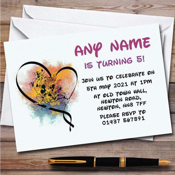 Mickey Mouse Characters Watercolour Splatter Birthday Party Invitations