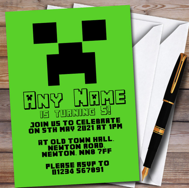 Minecraft Creeper Children's Kids Personalised Birthday Party Invitations