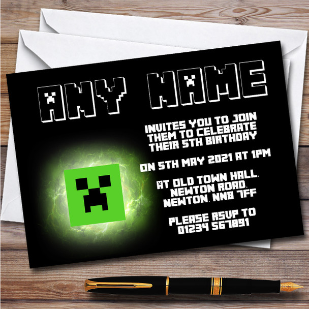 Minecraft Neon Glow Creeper Children's Personalised Birthday Party Invitations
