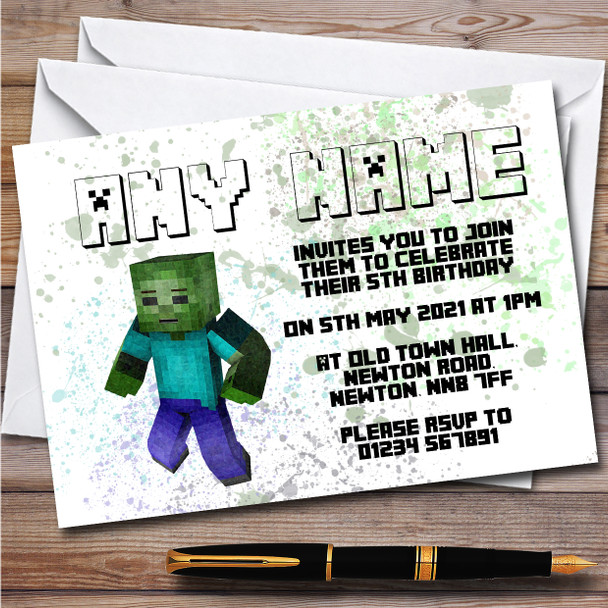 Minecraft Zombie Splatter Art Children's Personalised Birthday Party Invitations